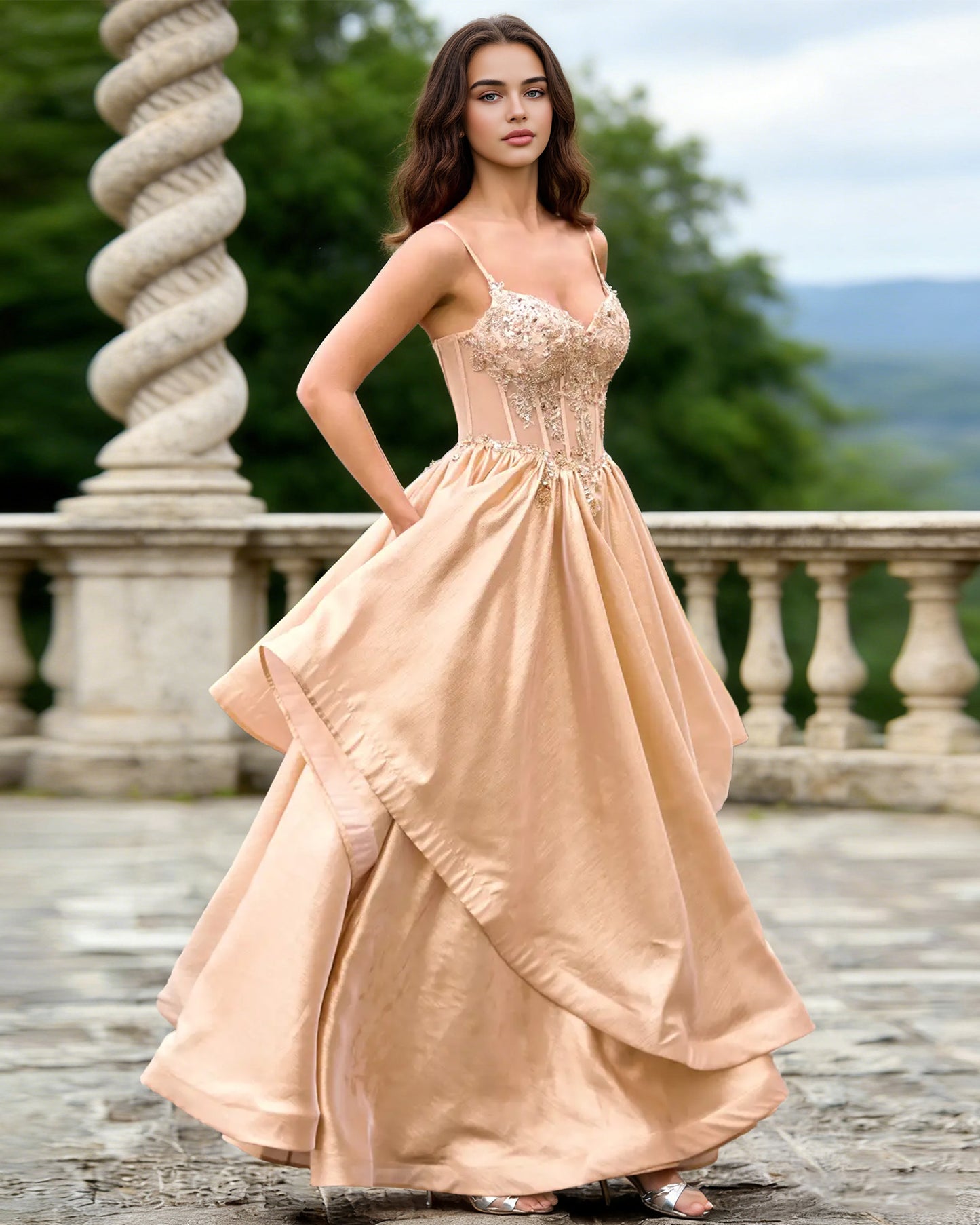 champagne sweetheart glitter tulle A-line prom dress with layered dress - image 4
