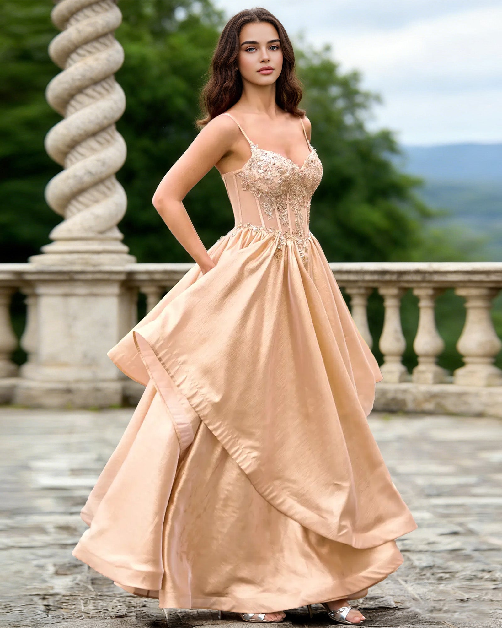 champagne sweetheart glitter tulle A-line prom dress with layered dress - image 4