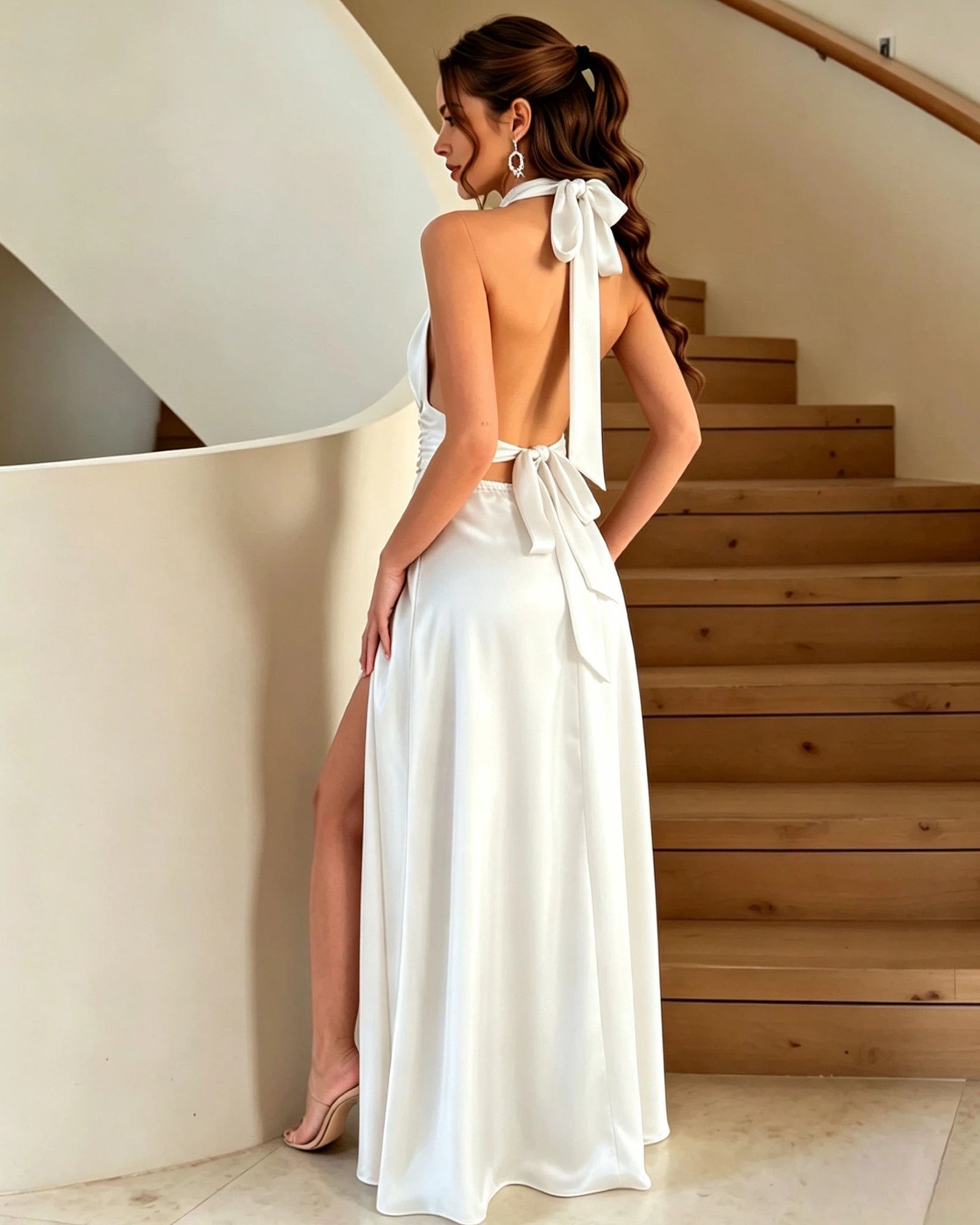 ivory plunging halter satin a-line formal dress with high slit - back view showing the halter ties - image 4