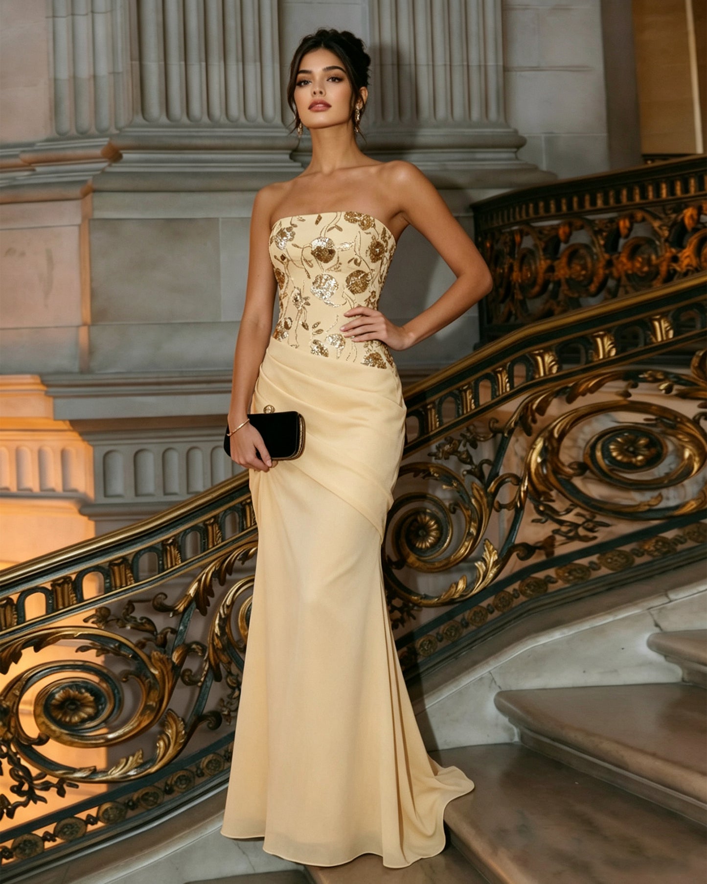 strapless embroidered column formal dress with draped hip - image 4
