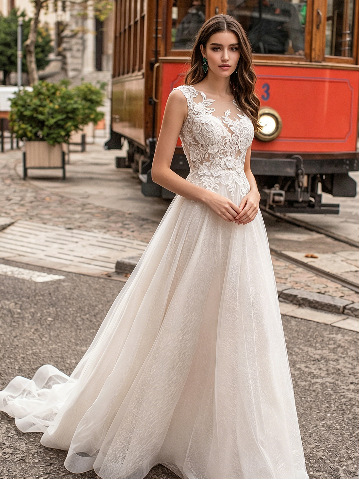 V-neck lace tulle A-line wedding dress with spaghetti straps - image 4