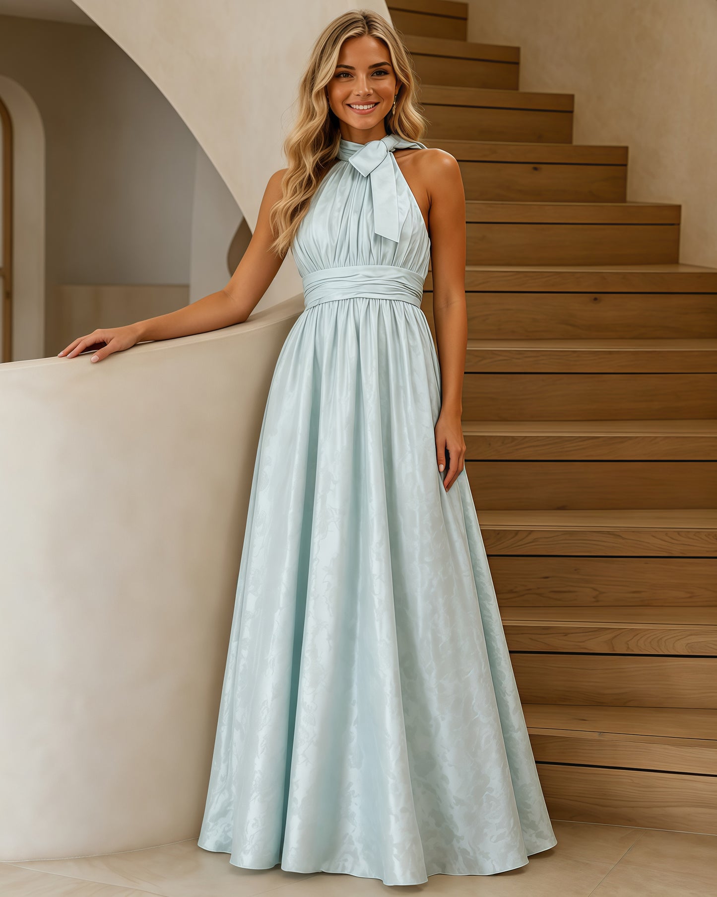 pleated halter-neck satin a-line formal dress - movement view