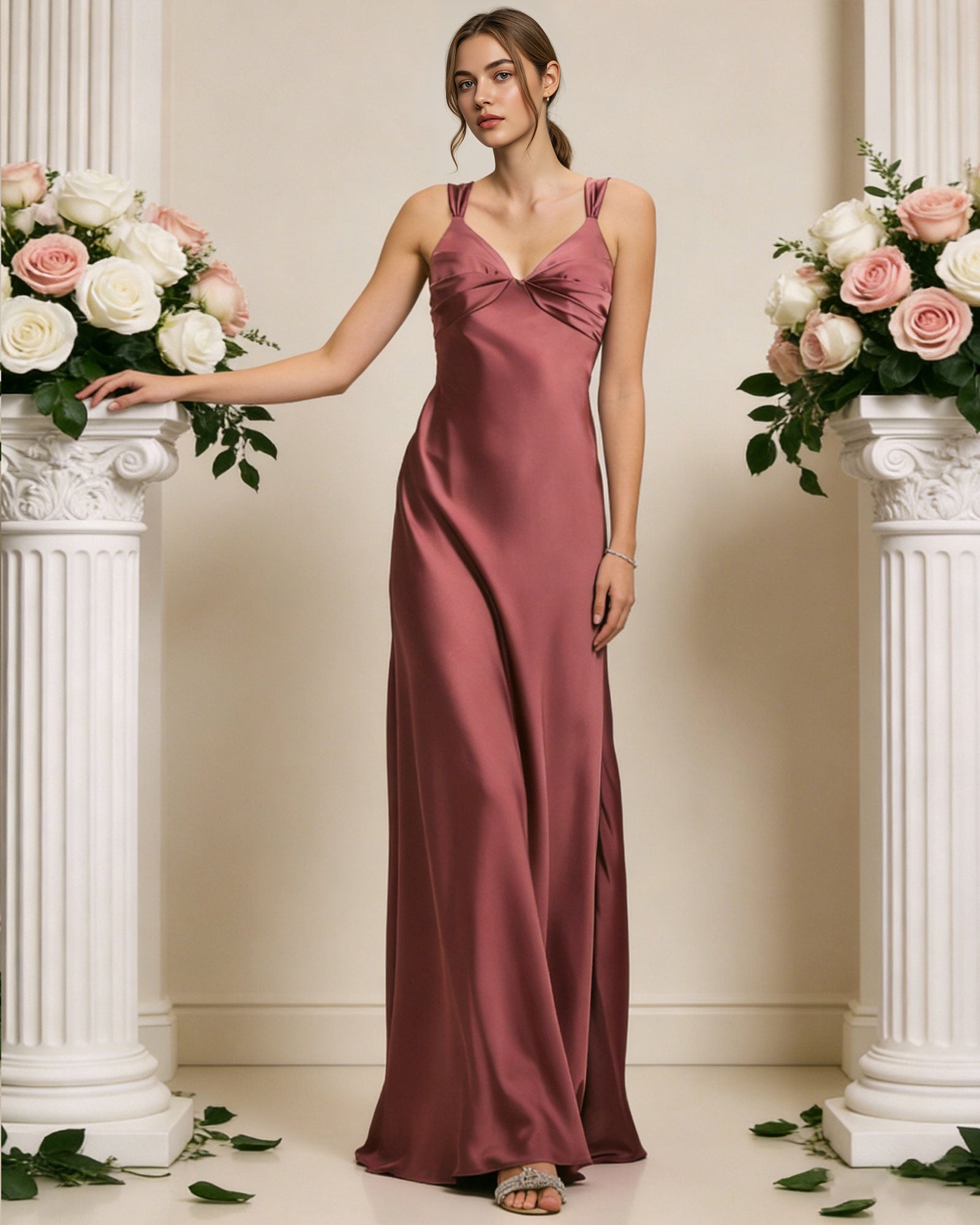 satin cowl neck bridesmaid dress with spaghetti straps and bias cut - image 5