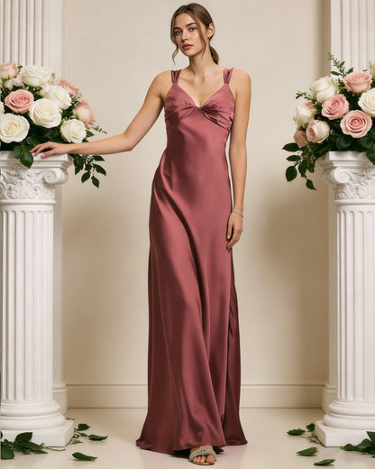 satin cowl neck bridesmaid dress with spaghetti straps and bias cut - image 5