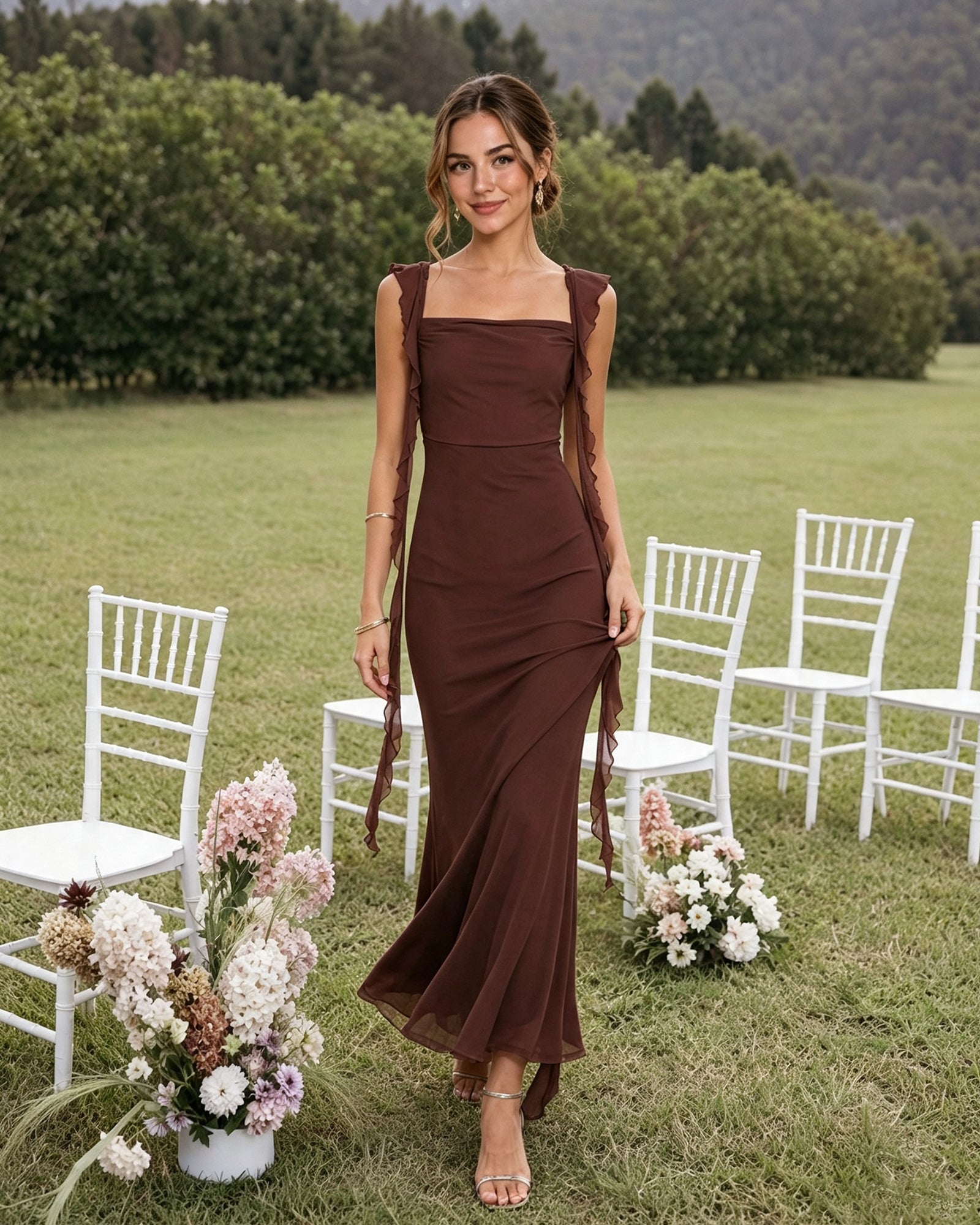 chocolate square neck chiffon bridesmaid dress with long ruffled straps - image 4