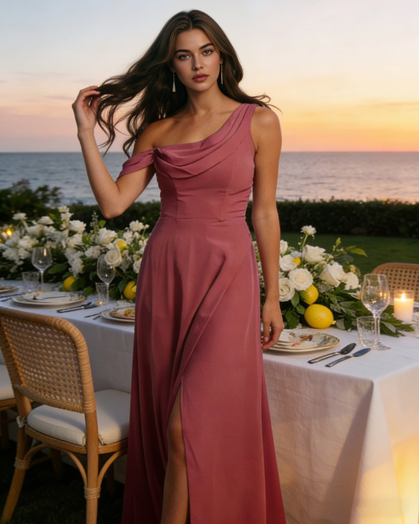one shoulder satin bridesmaid dress with draped neckline and slit - image 5