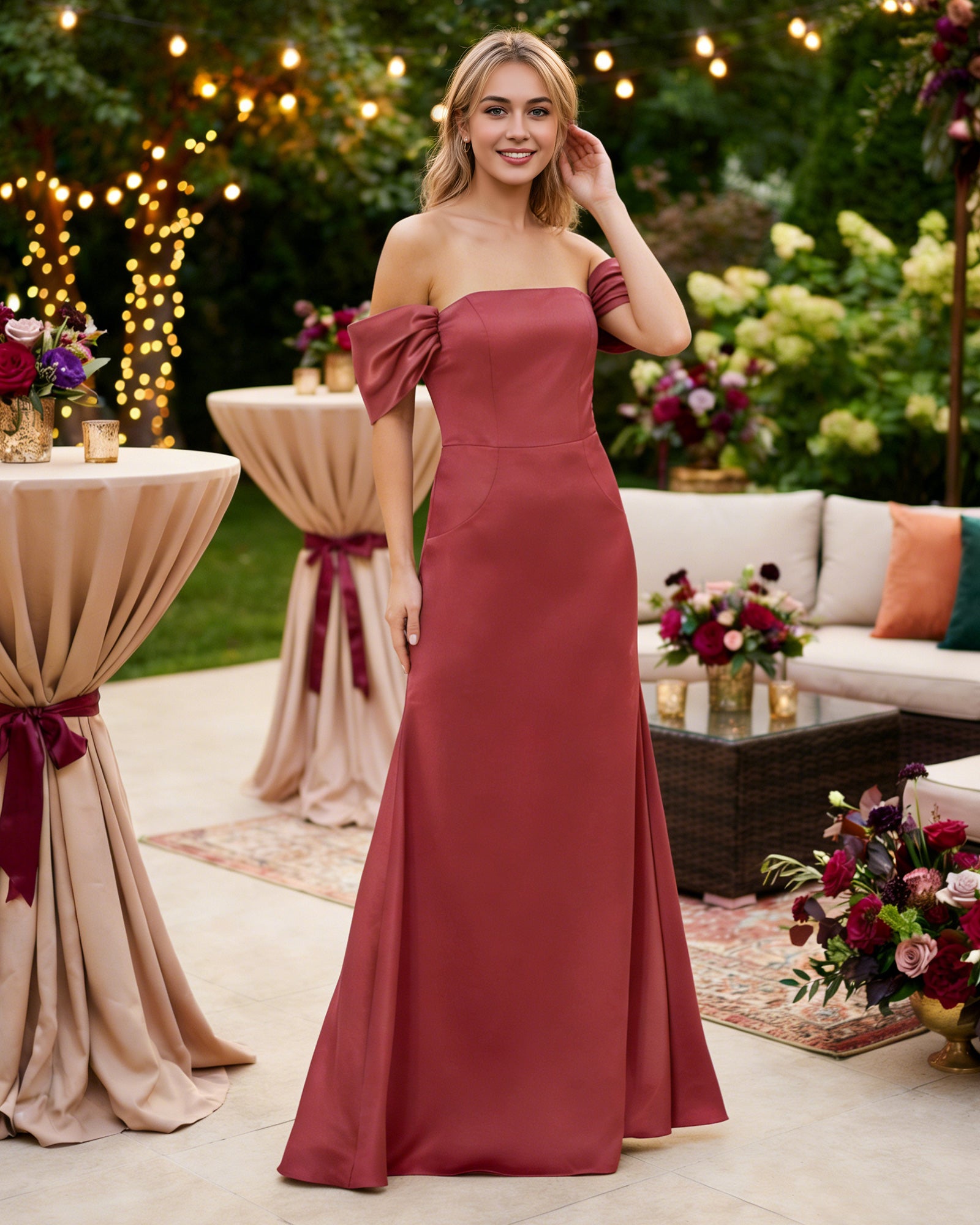 off shoulder satin bridesmaid dress with foldover neckline and trumpet skirt - image 4