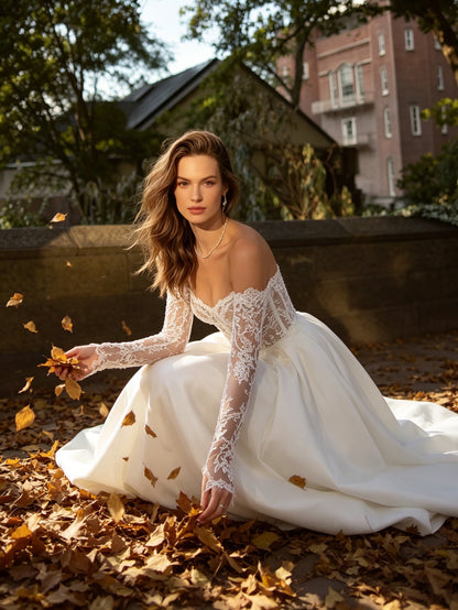off shoulder lace ball gown wedding dress with long sleeve bodice - image 4