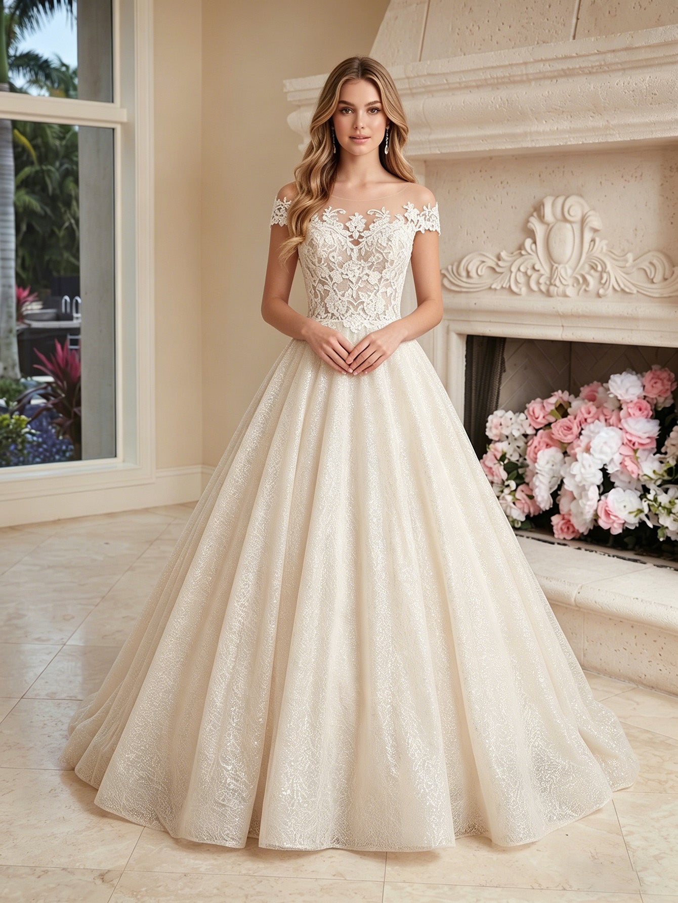 off shoulder lace tulle ball gown wedding dress with sweetheart neckline - image 4