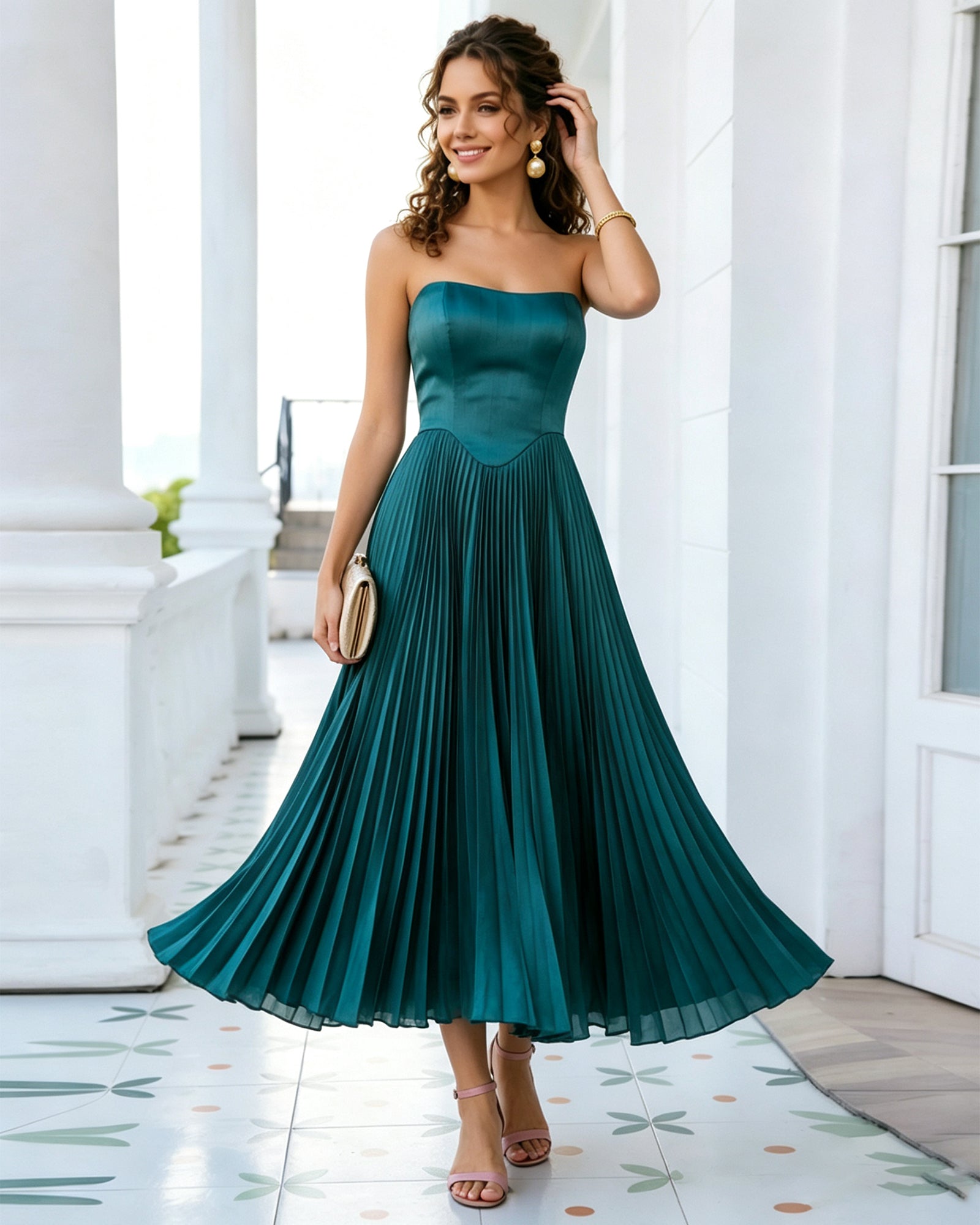 strapless corset tea length formal dress with pleated dress - image 4