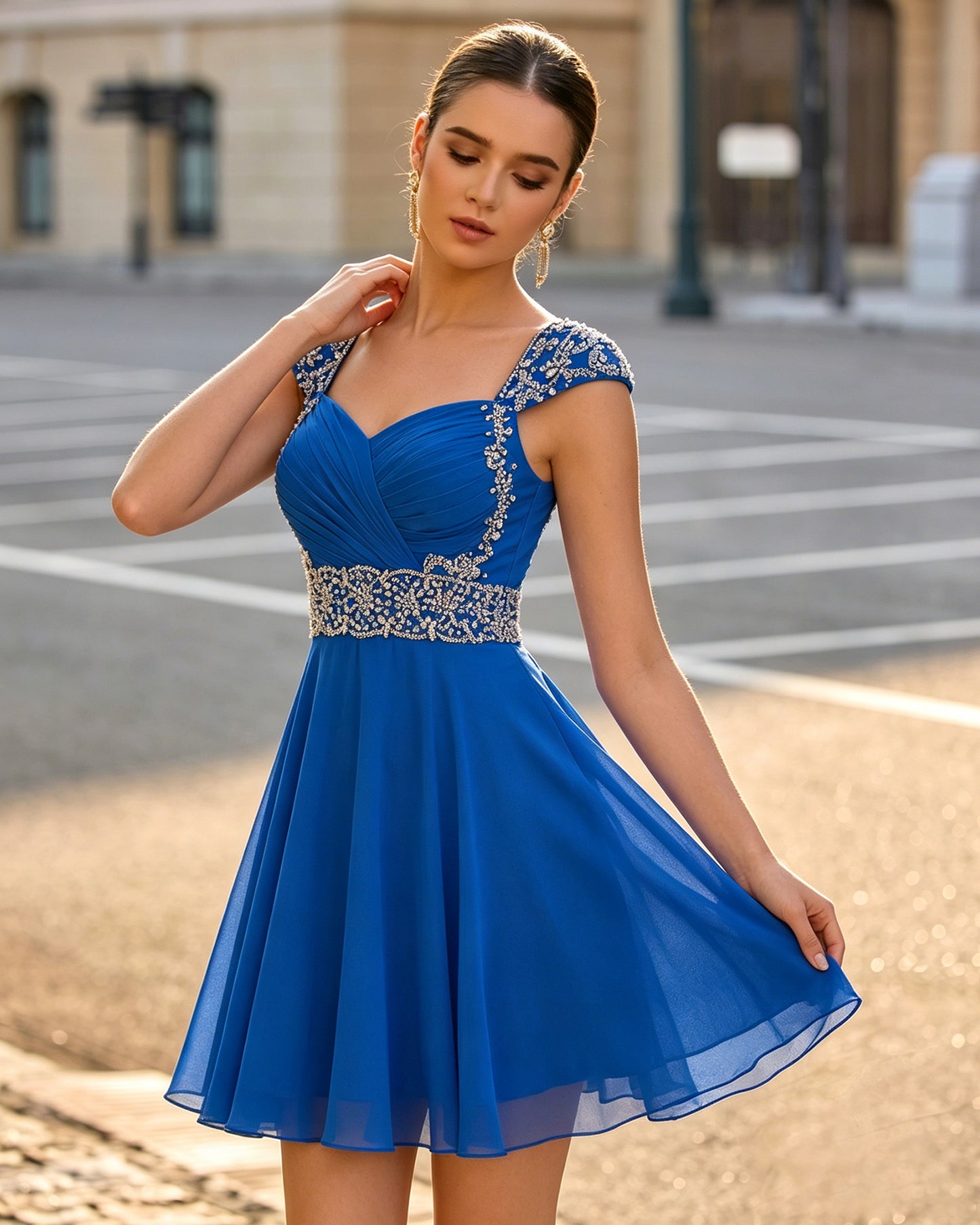 bright blue sweetheart ruched chiffon short homecoming dress with beaded cap sleeves - image 4