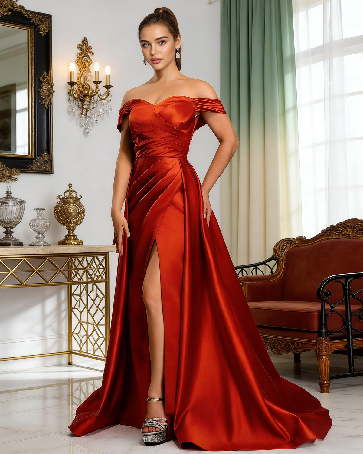 red off shoulder satin ball gown prom dress with draped bodice and slit - image 4