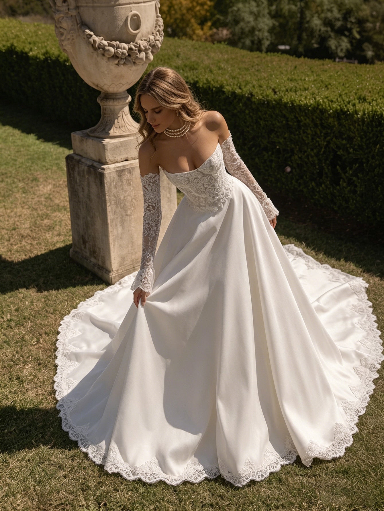 off shoulder lace ball gown wedding dress with corset back and train - image 4