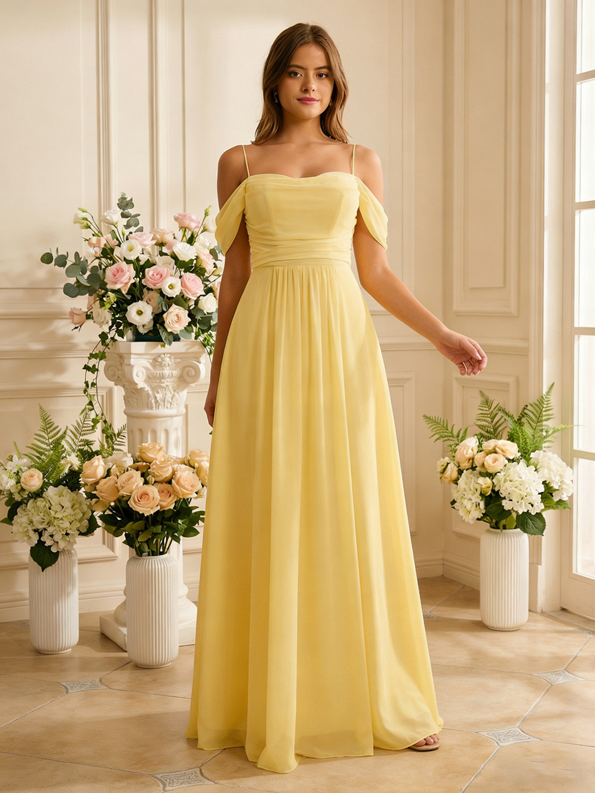 off shoulder chiffon bridesmaid dress with soft pleated bodice - image 4