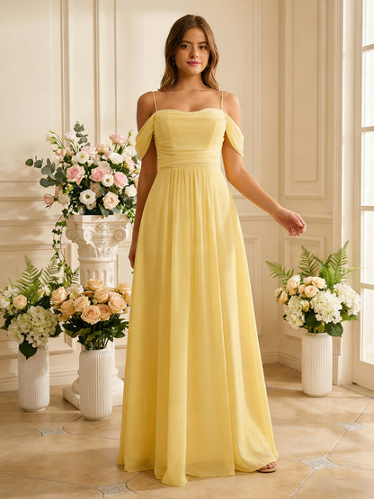 off shoulder chiffon bridesmaid dress with soft pleated bodice - image 4