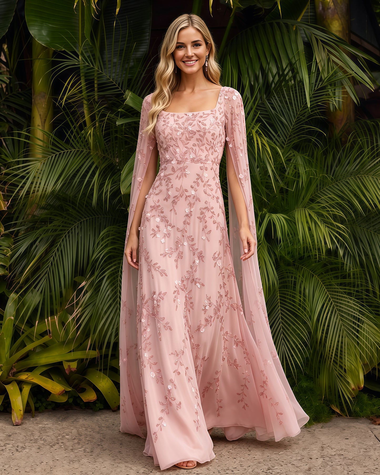 square-neck long-sleeve lace a-line formal dress - movement view