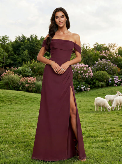 off shoulder crepe bridesmaid dress with foldover neckline and slit - image 4