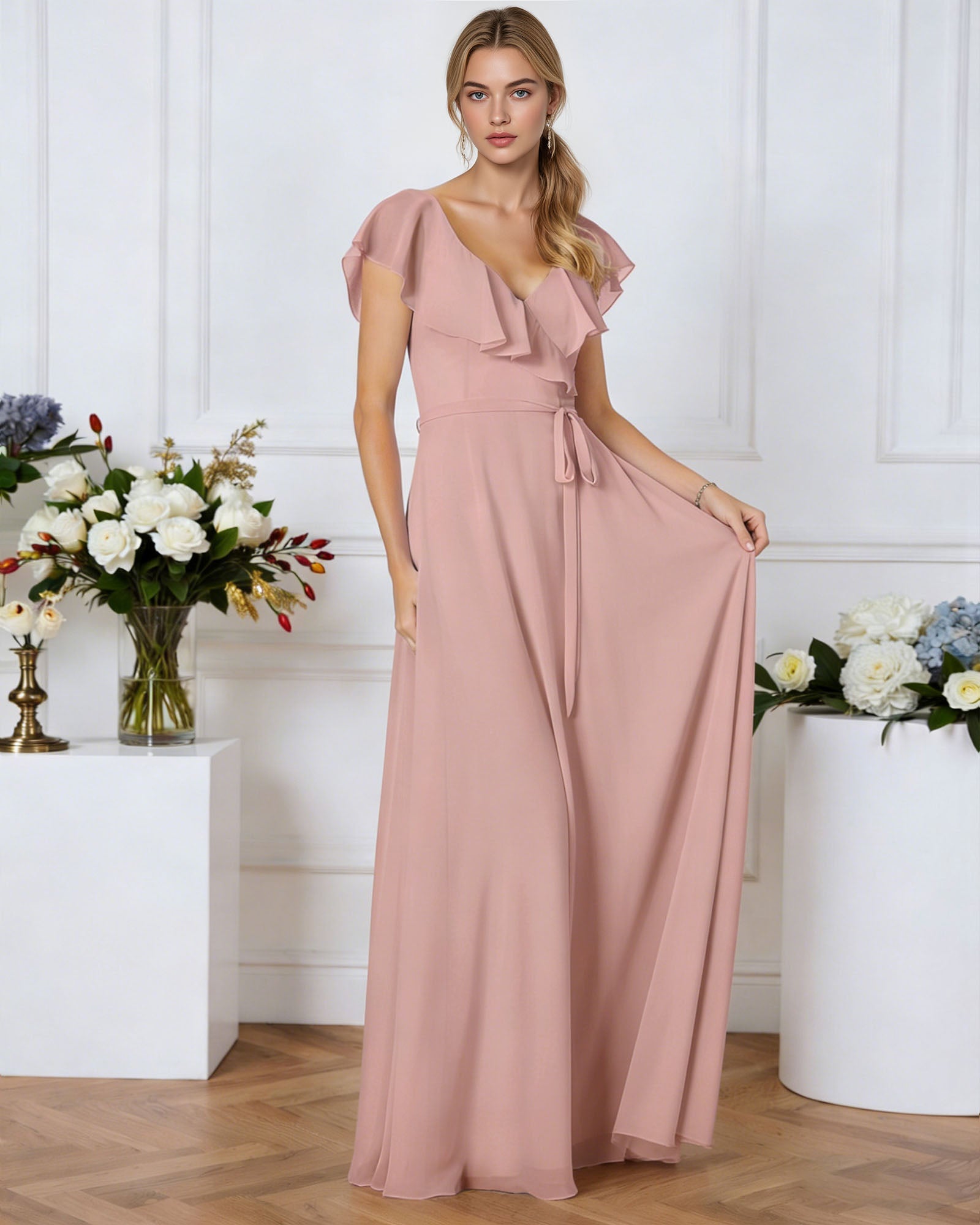 tie neck chiffon bridesmaid dress with flutter sleeves - image 4