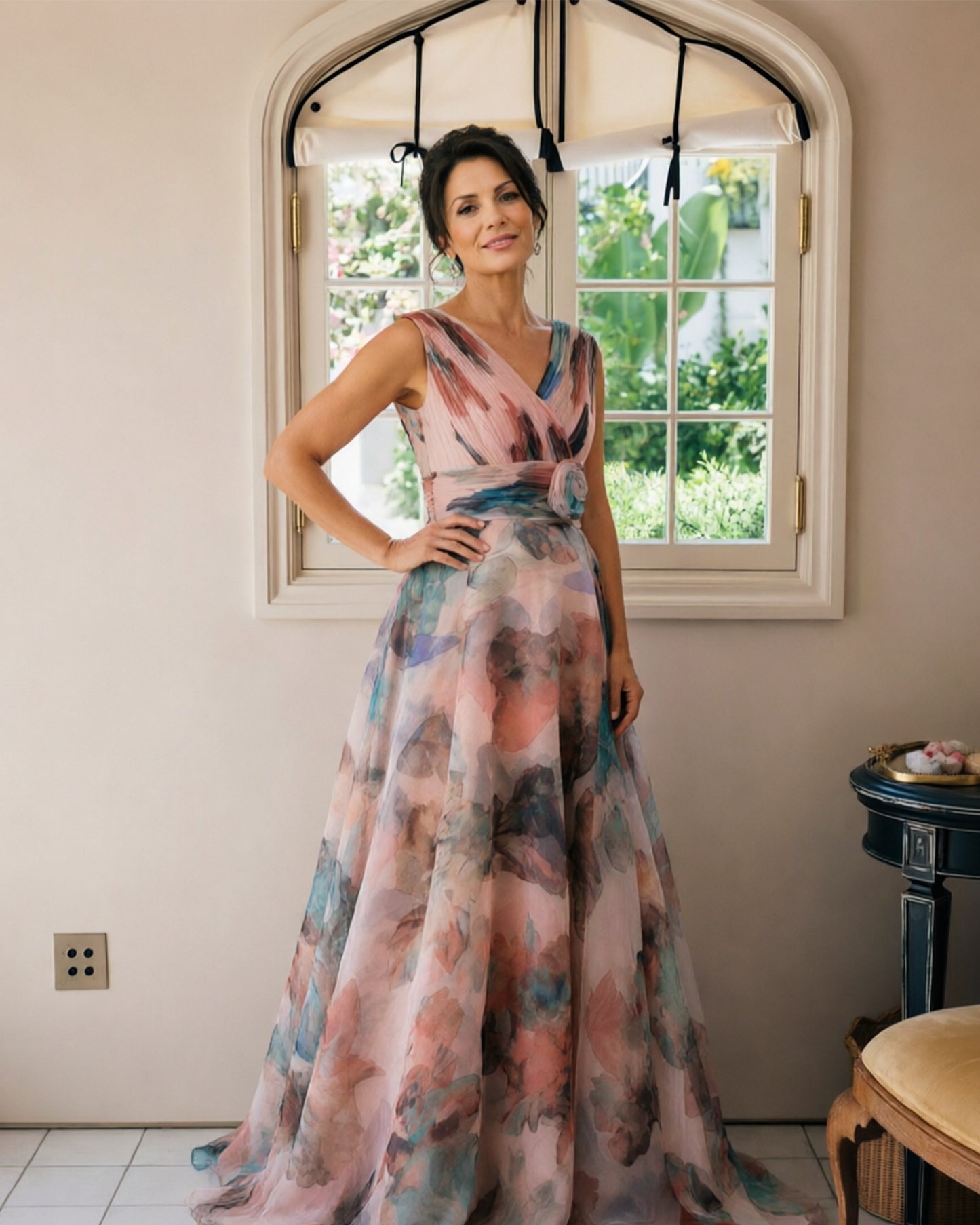 Floral Print V-Neck Chiffon Mother of the Bride Dress with Rosette Sash - side pose showing flowing floral fabric