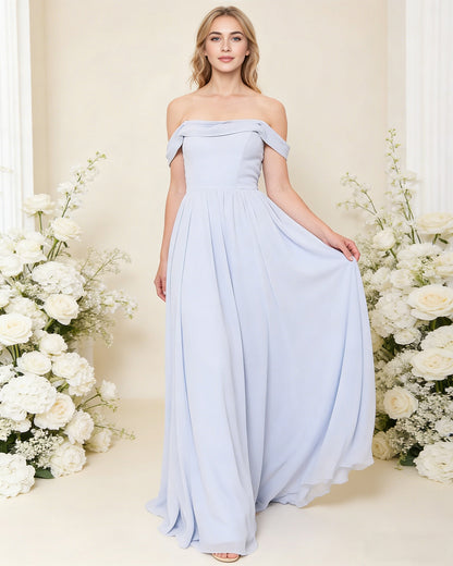 off shoulder pleated chiffon bridesmaid dress with flowing A-line skirt - image 5