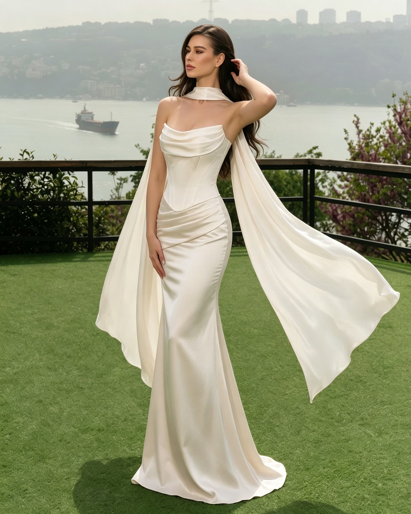 ivory satin corset mermaid bridesmaid dress with cowl neck and dramatic scarf - image 4