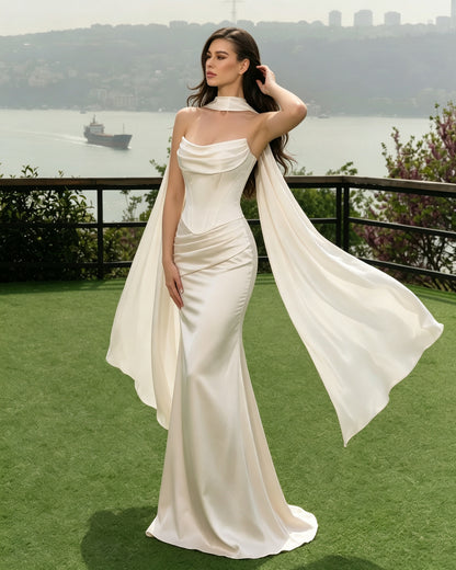 Satin Corset Mermaid Bridesmaid Dress with Cowl Neck and Dramatic Scarf, product image 4