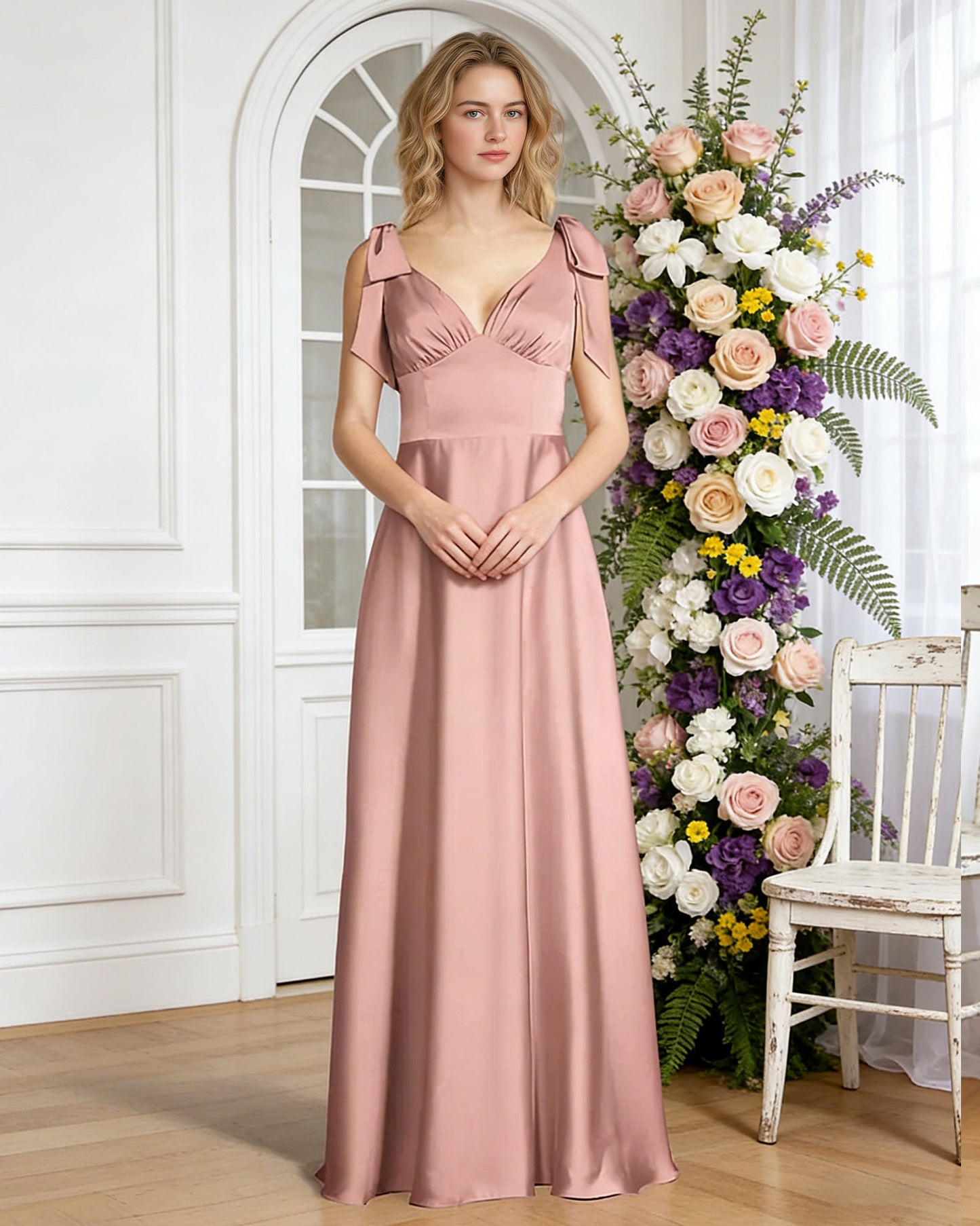 V-neck bow strap satin bridesmaid dress with empire waist - image 4