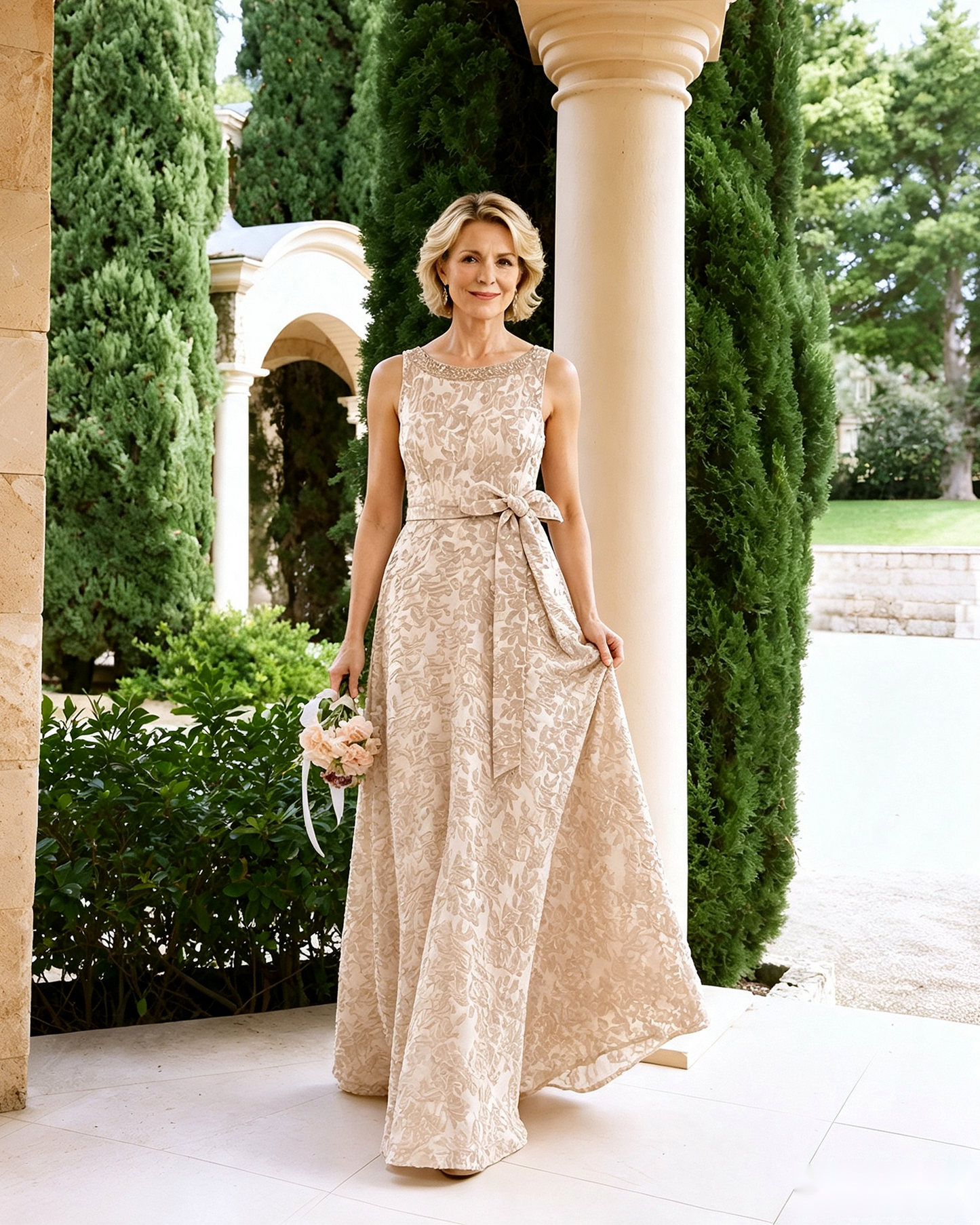 Sleeveless Lace A-Line Mother of the Bride Dress with Sash Bow - walking front view