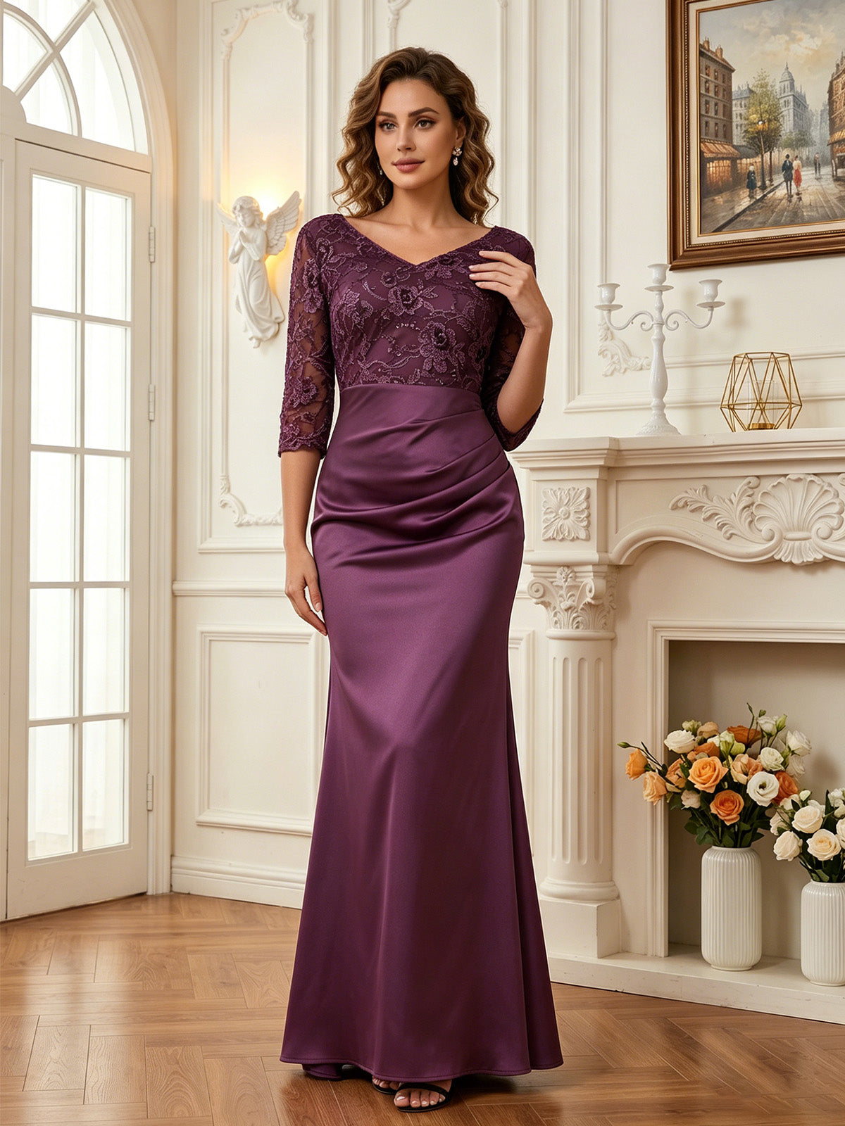 back detail of long lace formal mother of the bride dress with graceful fitted silhouette
