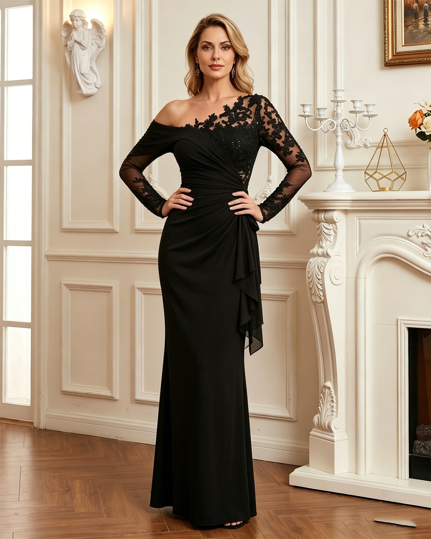 one shoulder long mother of the bride gown with lace illusion sleeve, mermaid skirt, and draped ruffle front detail highlighting the neckline, waist, and sleeves