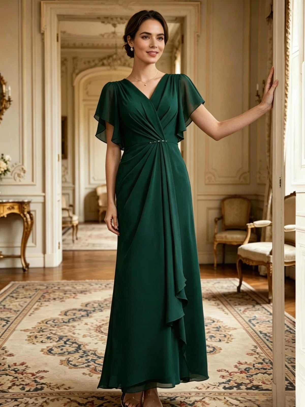 long chiffon mother of the bride A-line gown with V-neck, flutter sleeves, and beaded waist detail front detail highlighting the neckline, waist, and sleeves