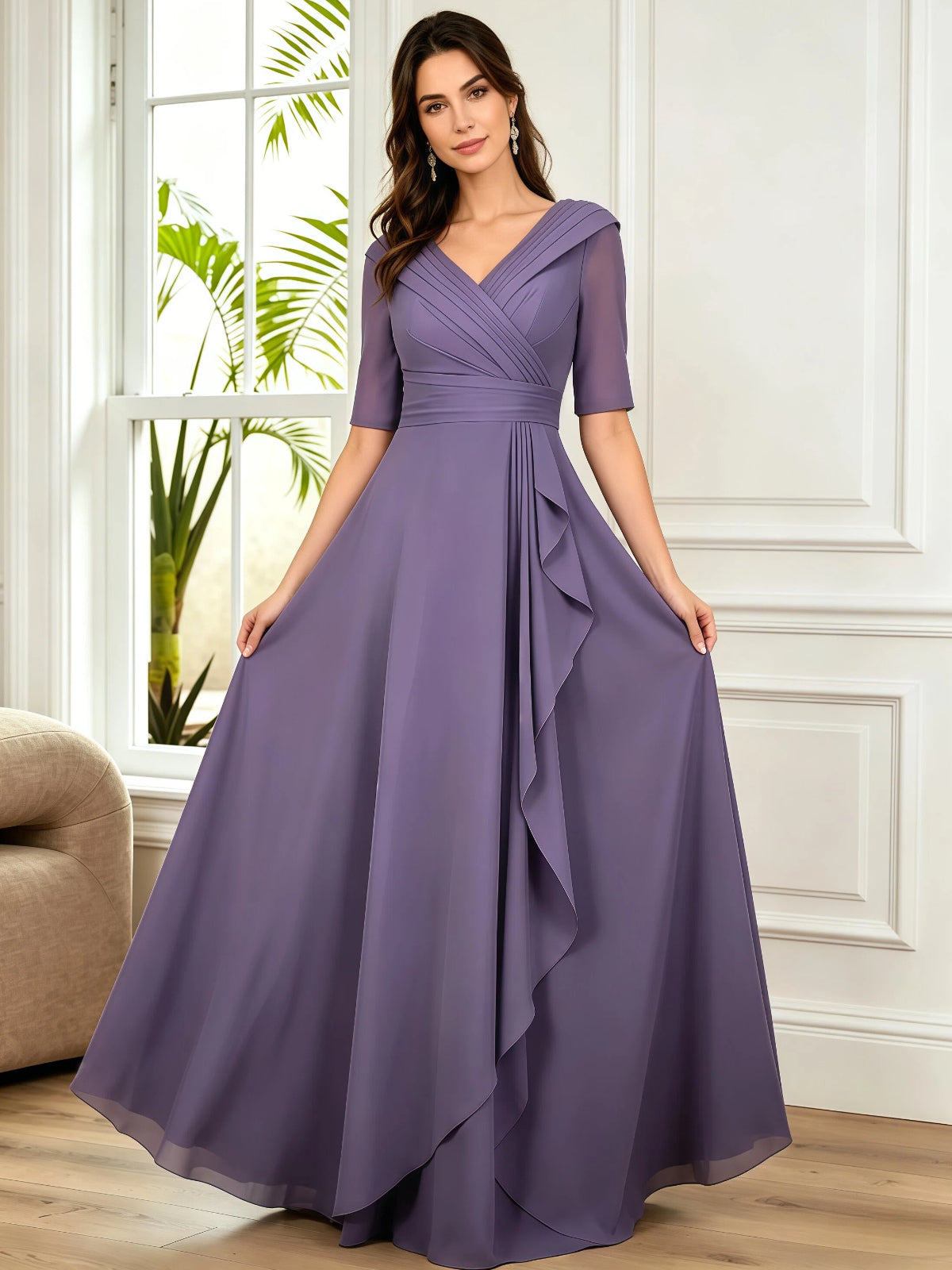 long V-neck chiffon mother of the bride dress with half sleeves, pleated bodice, and side ruffle front detail highlighting the neckline, waist, and sleeves