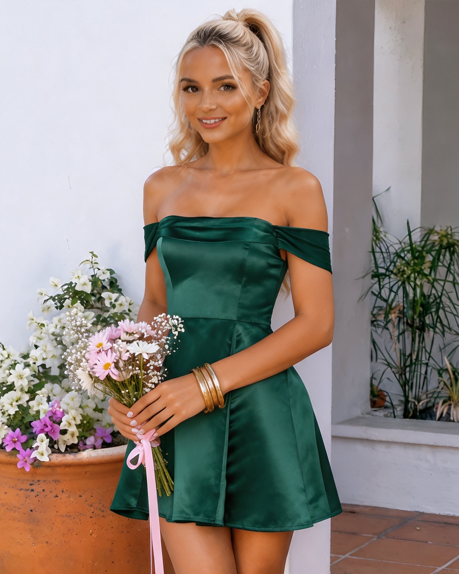 emerald off-shoulder satin A-line homecoming dress with lace-up back - full look