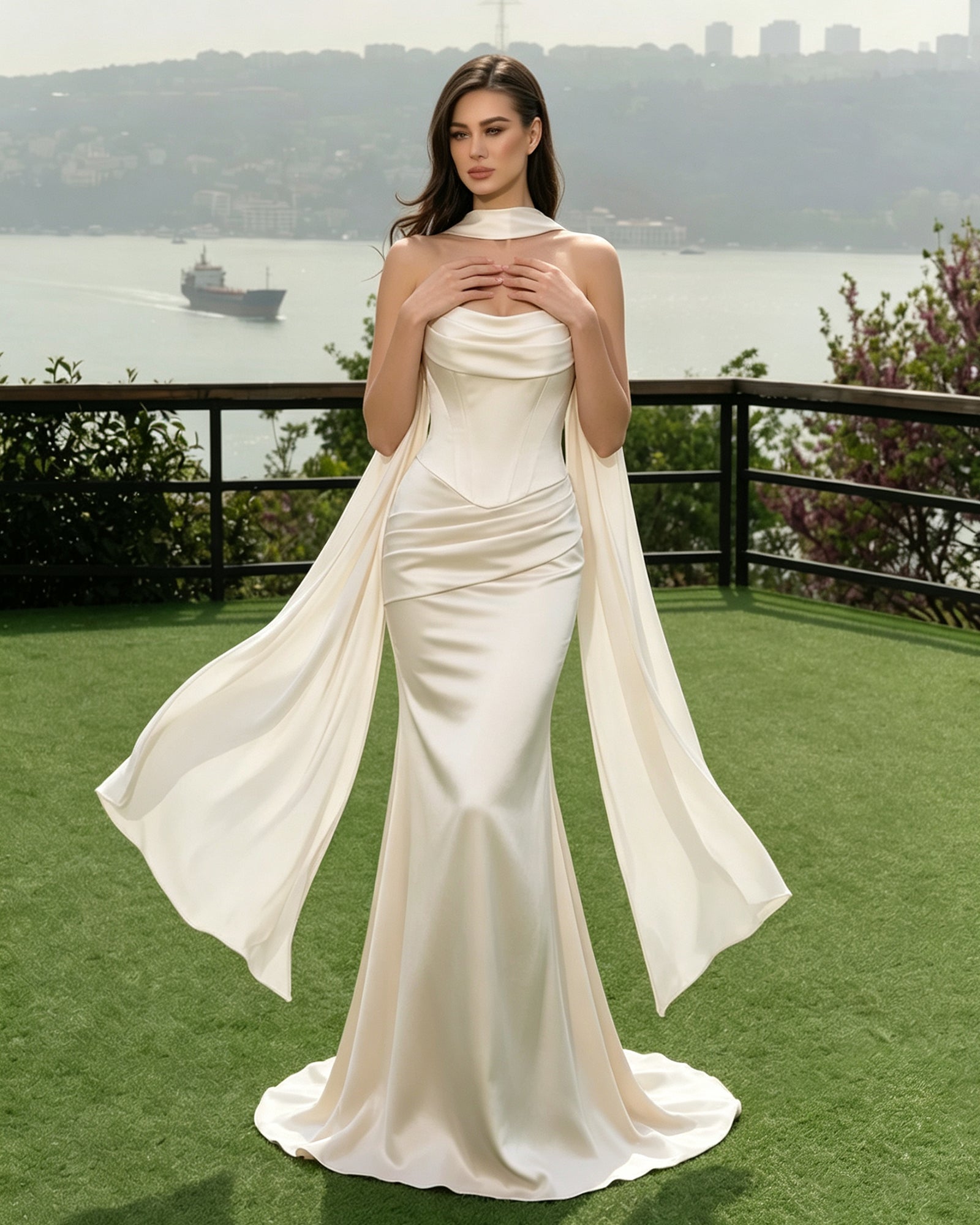 ivory satin corset mermaid bridesmaid dress with cowl neck and dramatic scarf - image 5