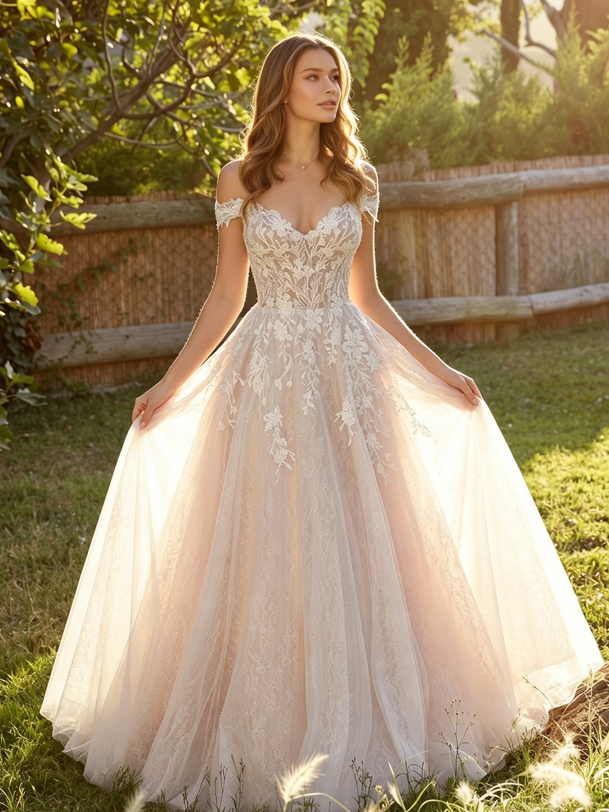 spaghetti strap lace tulle A-line wedding dress with floral applique - image 5