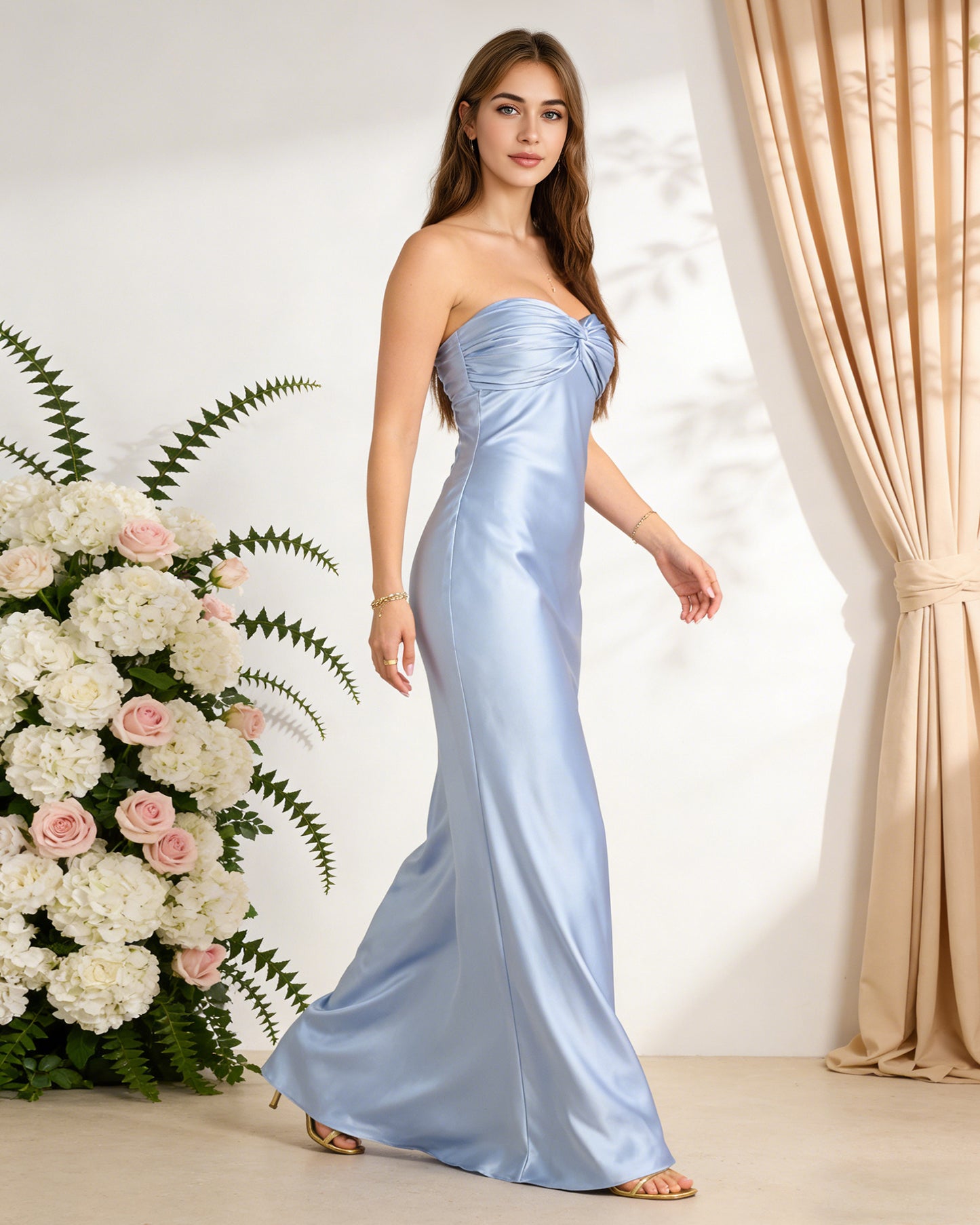 strapless satin bridesmaid dress with twisted sweetheart bodice - image 5