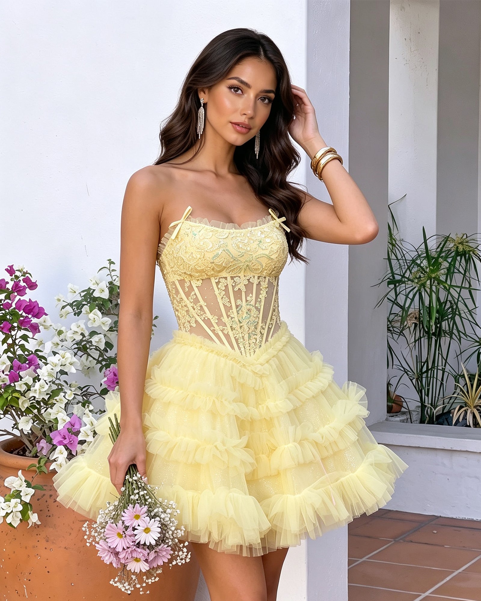 Spaghetti Strap Floral Lace Corset Tiered Tulle Mini Homecoming Dress - side view