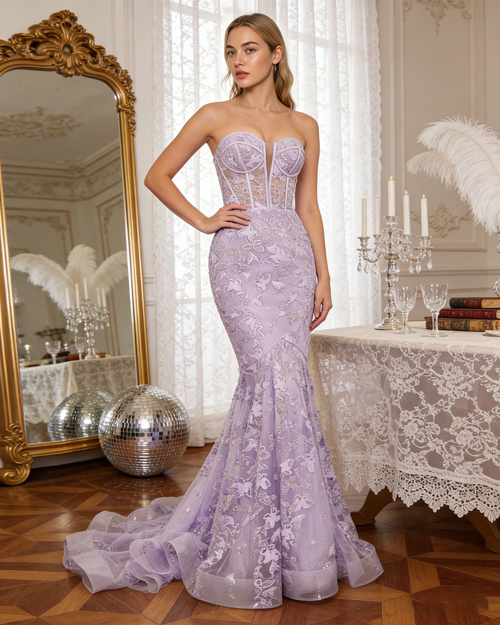 lavender strapless lace mermaid prom dress with sheer corset and train - image 5