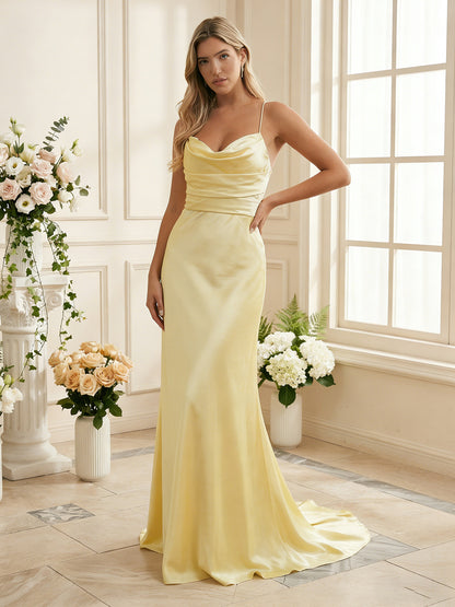 one shoulder satin bridesmaid dress with ruched waist and sweep train - image 5