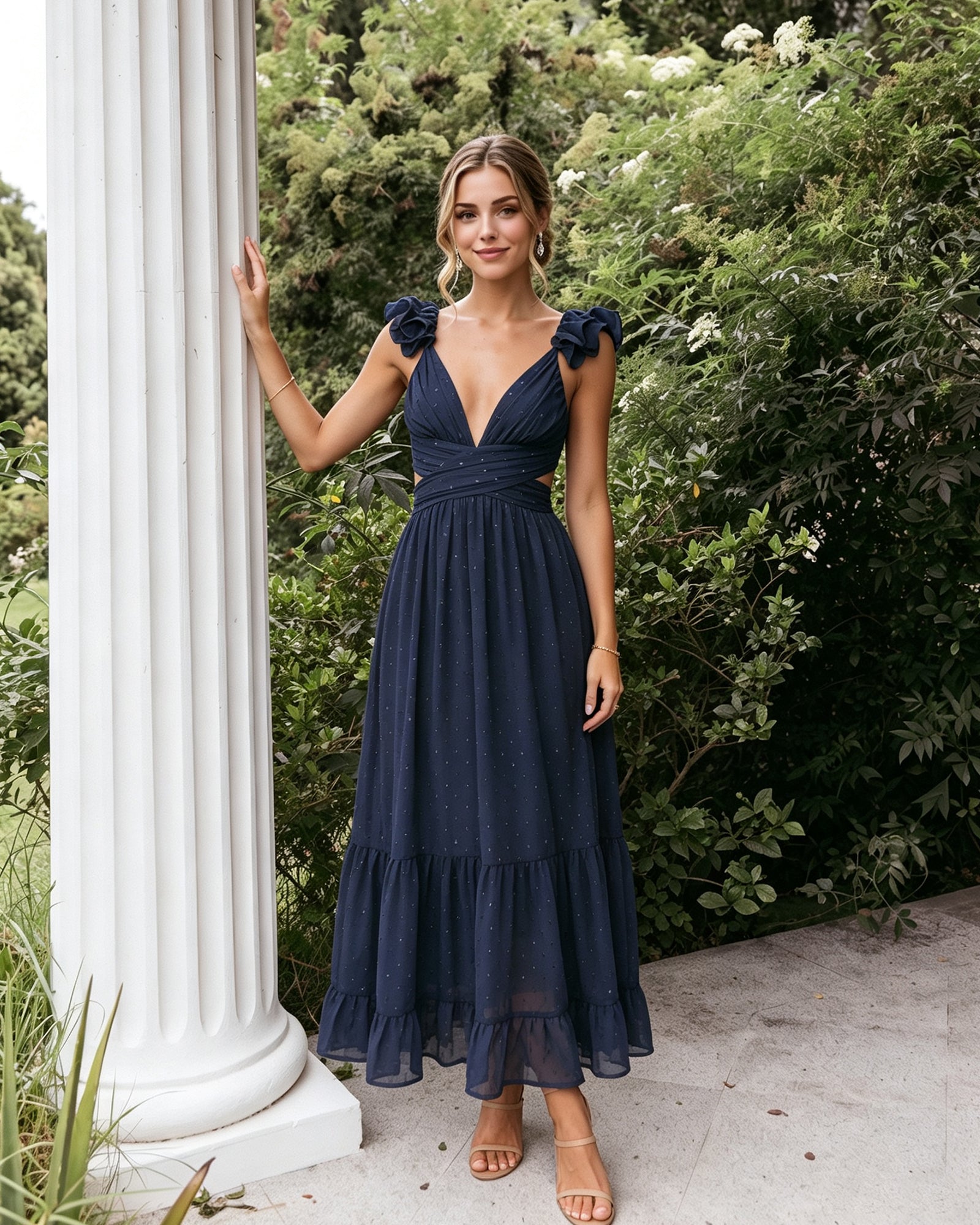 dark blue deep V-neck Swiss dot chiffon bridesmaid dress with ruffle straps - image 5
