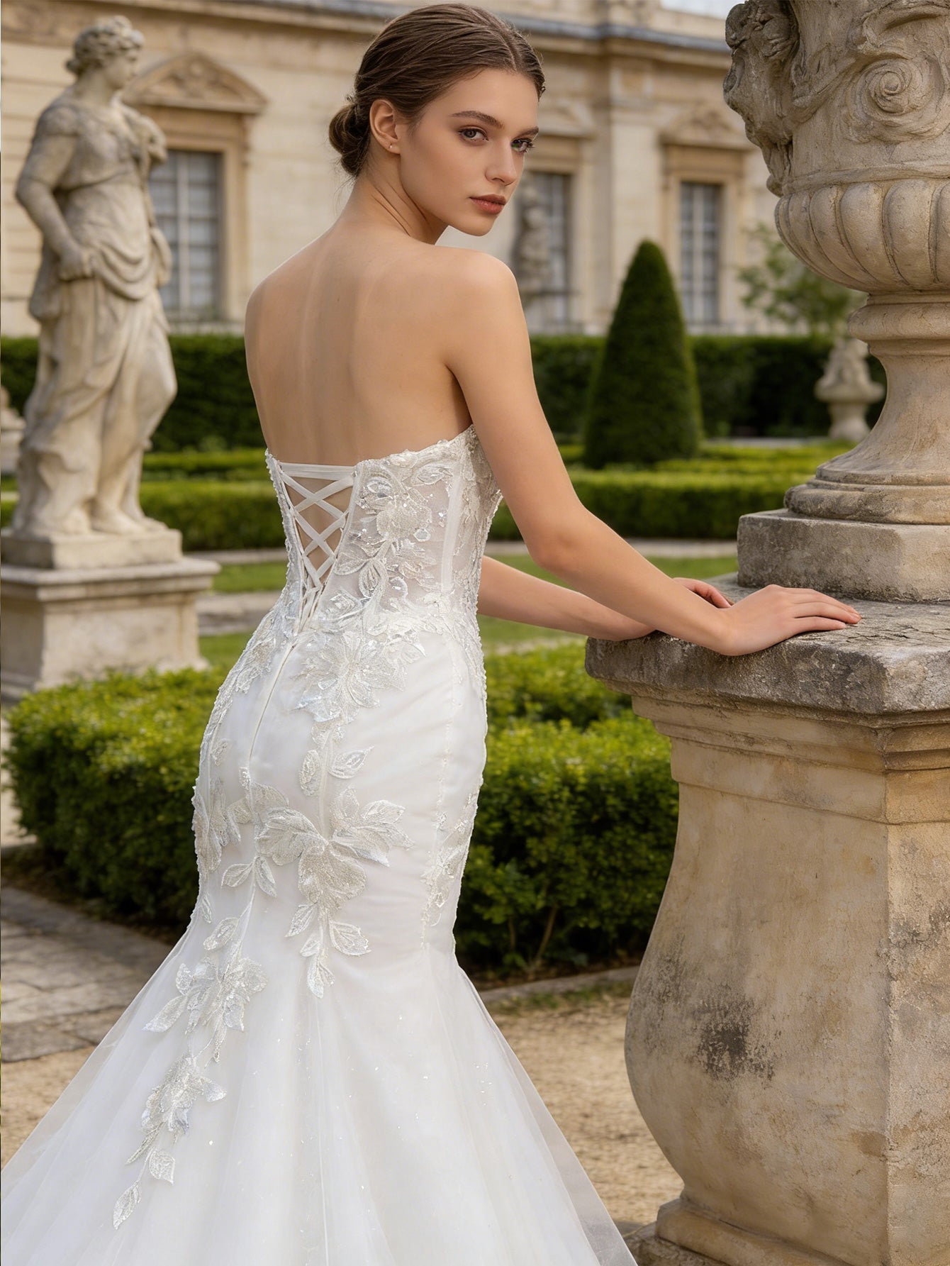 strapless lace mermaid wedding dress with sheer bodice and train - image 5