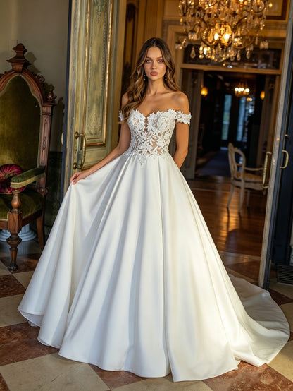 off shoulder satin ball gown wedding dress with beaded lace bodice - image 5