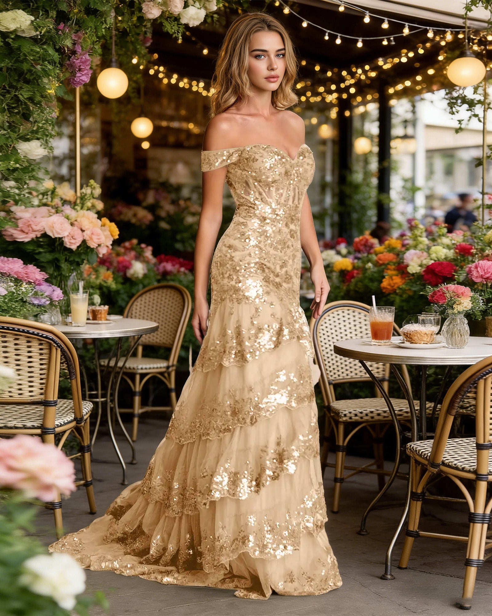 gold off shoulder sequin fringe prom dress with corset top and slit - image 5