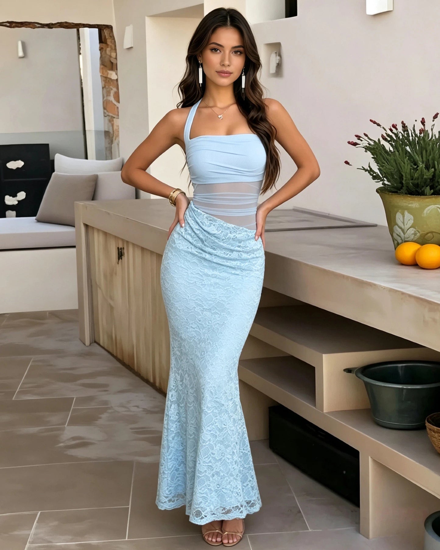 light blue square neck two piece lace mermaid formal dress with tie straps - front full-length view - image 5