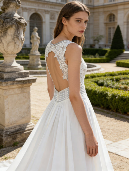 sleeveless V-neck lace tulle A-line wedding dress with illusion bodice - image 5