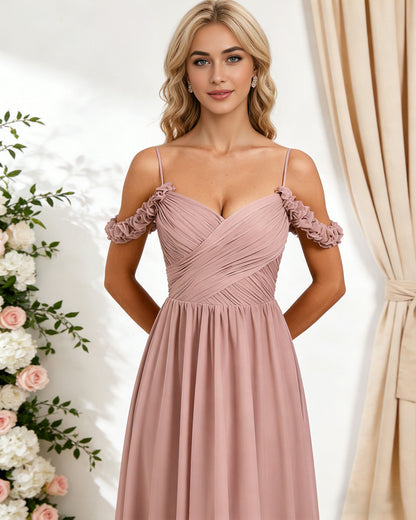 off shoulder lace applique bridesmaid dress with flowing chiffon dress - image 5