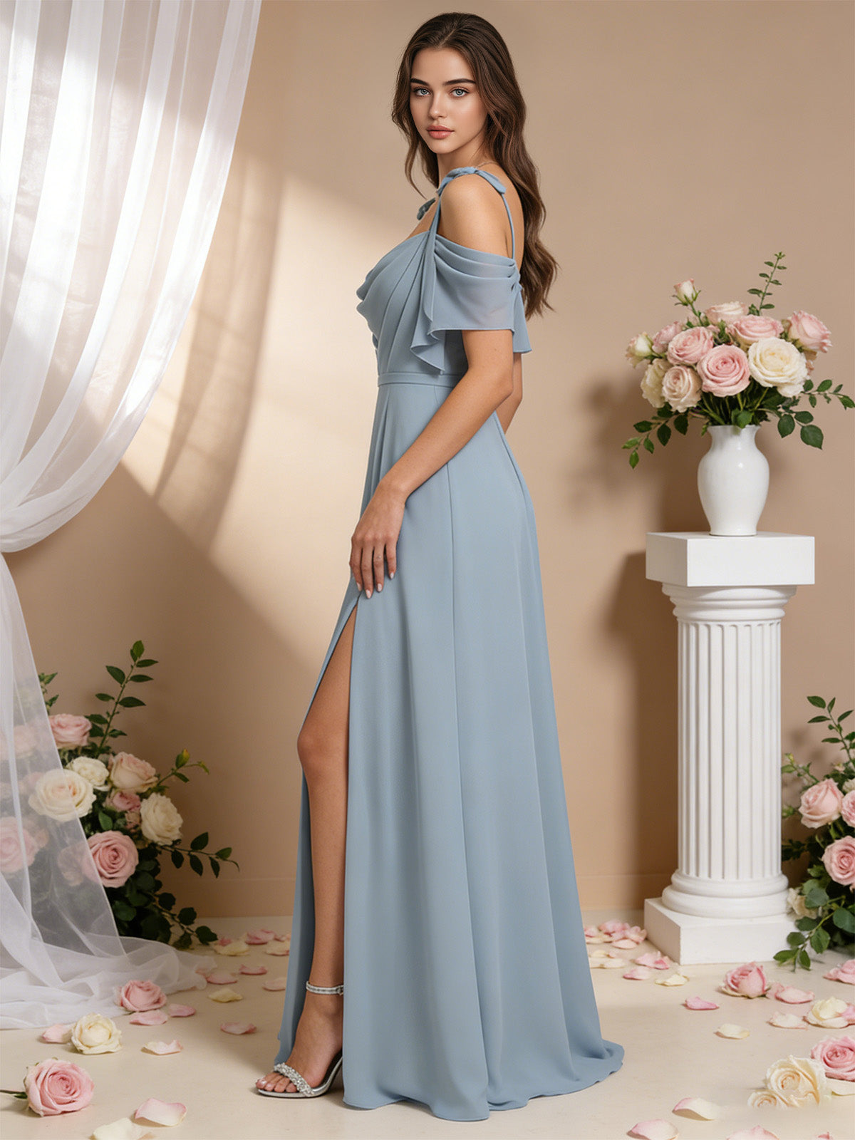 cowl neck cold shoulder bridesmaid dress with high slit chiffon skirt - image 5