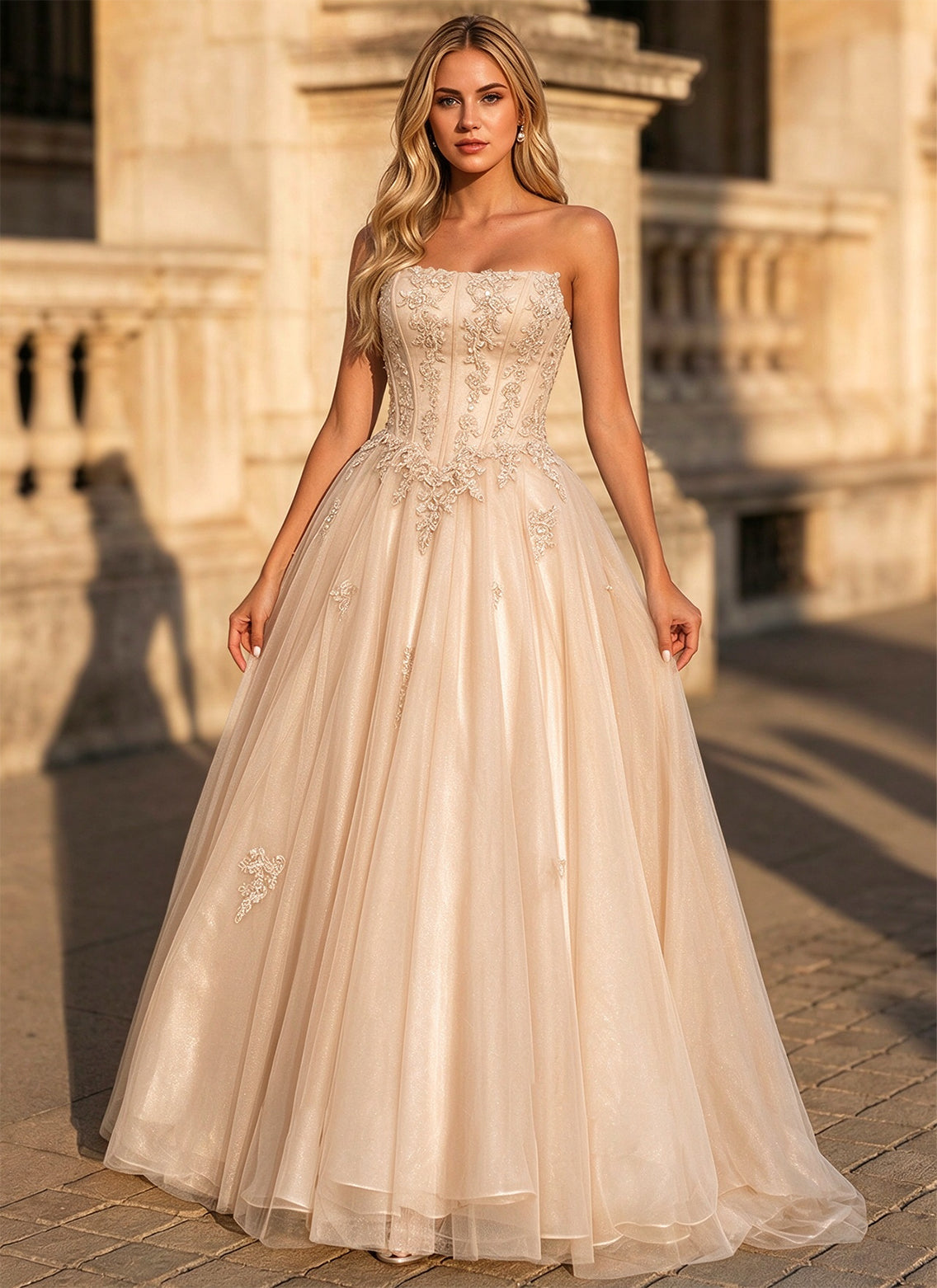 Strapless Corset Tulle Ball Gown Floral Lace Applique Prom Dress