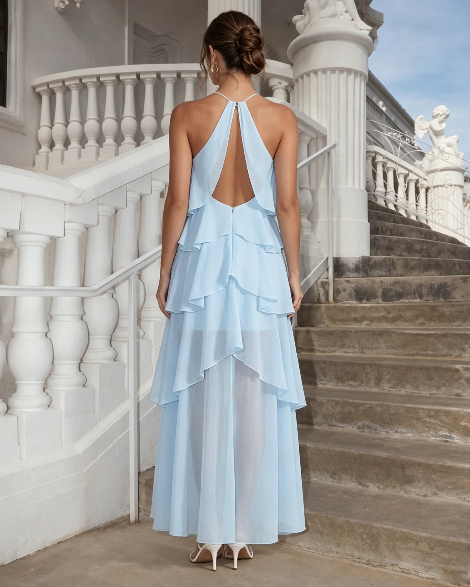 one-shoulder tiered ruffle high-low chiffon formal dress - three-quarter view