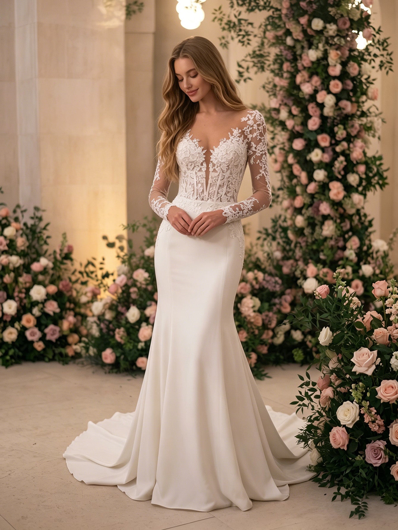 strapless lace mermaid wedding dress with corset bodice and train - image 5
